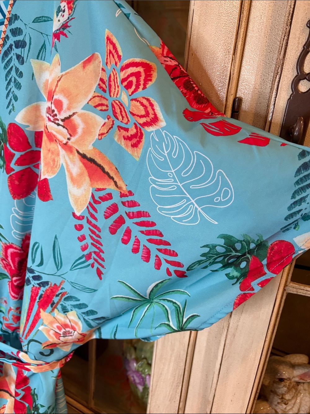 Turquoise SHEIN Floral Faux-Wrap Romper with Belt - Picture 7 of 9